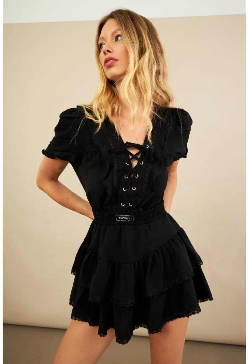 Kadın Siyah Kuş Gözlü Fırfırlı Mini Elbise YEL221525