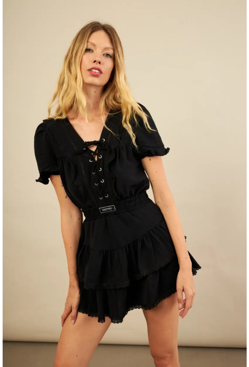 Kadın Siyah Kuş Gözlü Fırfırlı Mini Elbise YEL221525