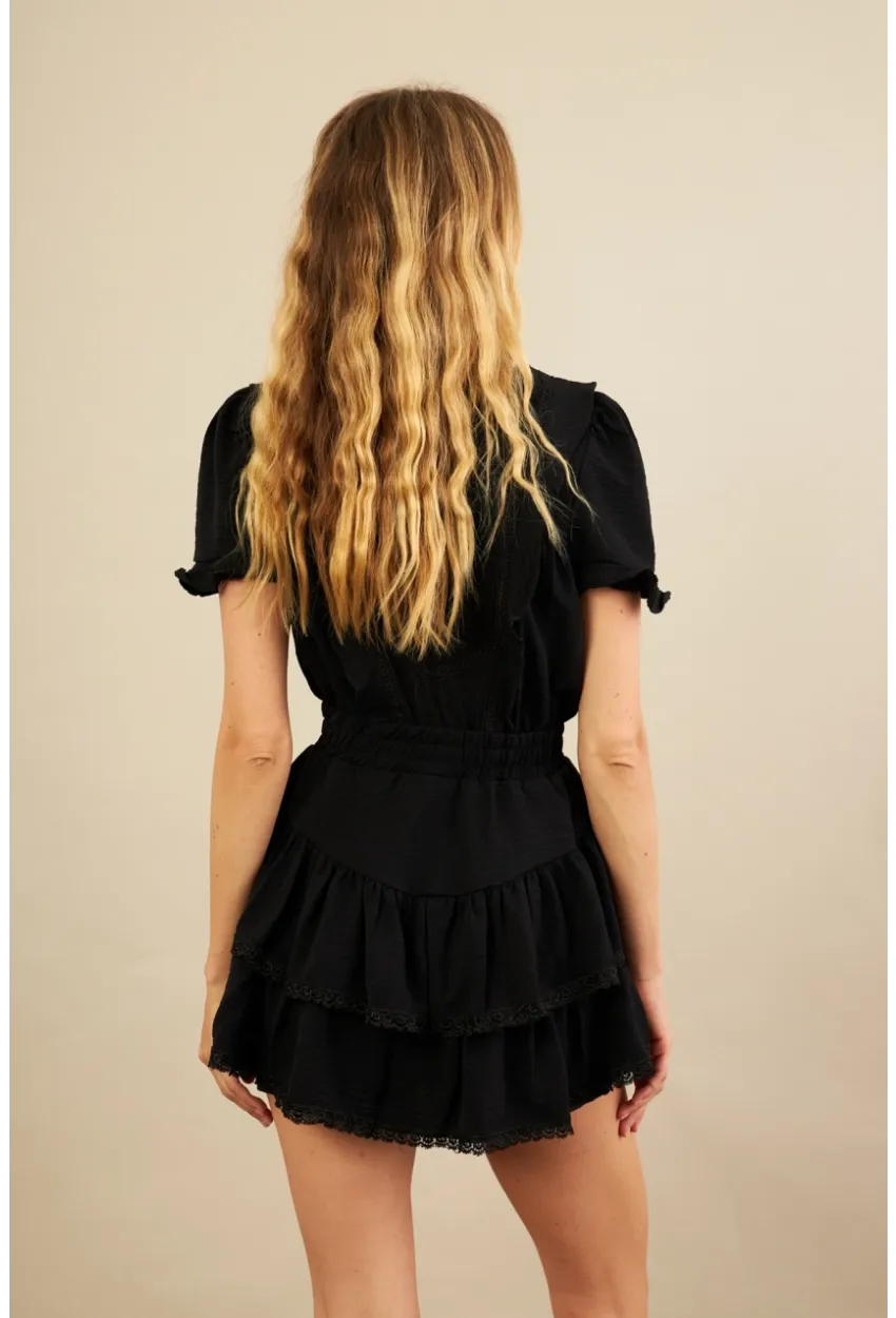 Kadın Siyah Kuş Gözlü Fırfırlı Mini Elbise YEL221525