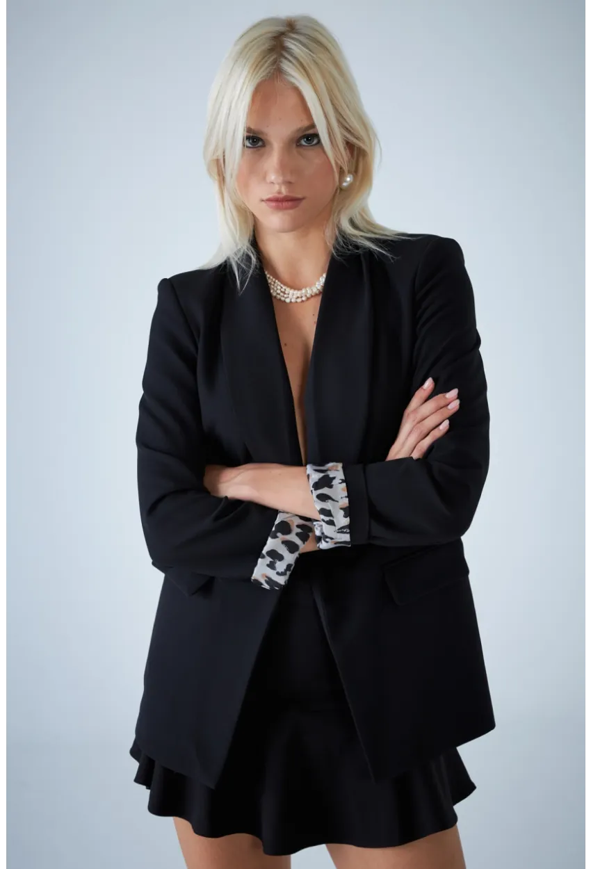 Kadın Siyah Leopar Astarlı Blazer Ceket BES3049