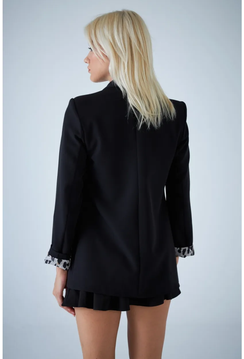 Kadın Siyah Leopar Astarlı Blazer Ceket BES3049