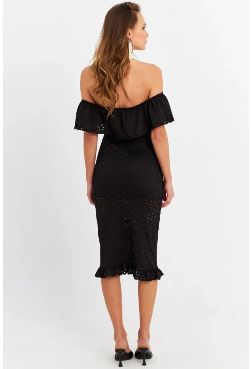 Kadın Siyah Madonna Yaka Astarlı Midi Elbise LİT105