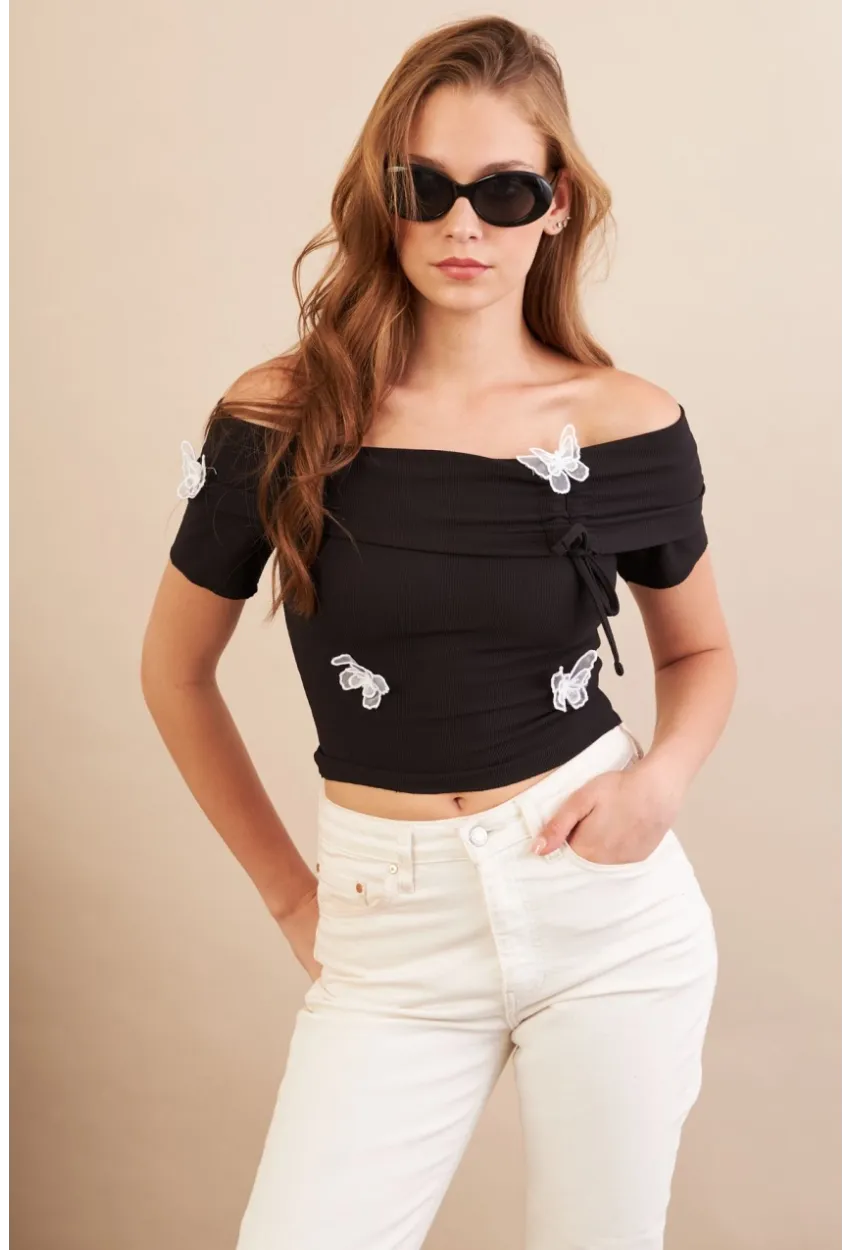 Kadın Siyah Madonna Yaka Kelebek Detaylı Bluz FLU7268