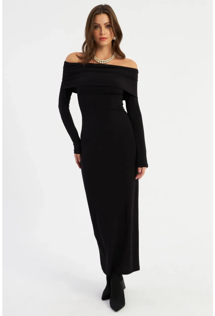 Kadın Siyah Madonna Yaka Maxi Elbise LİK10