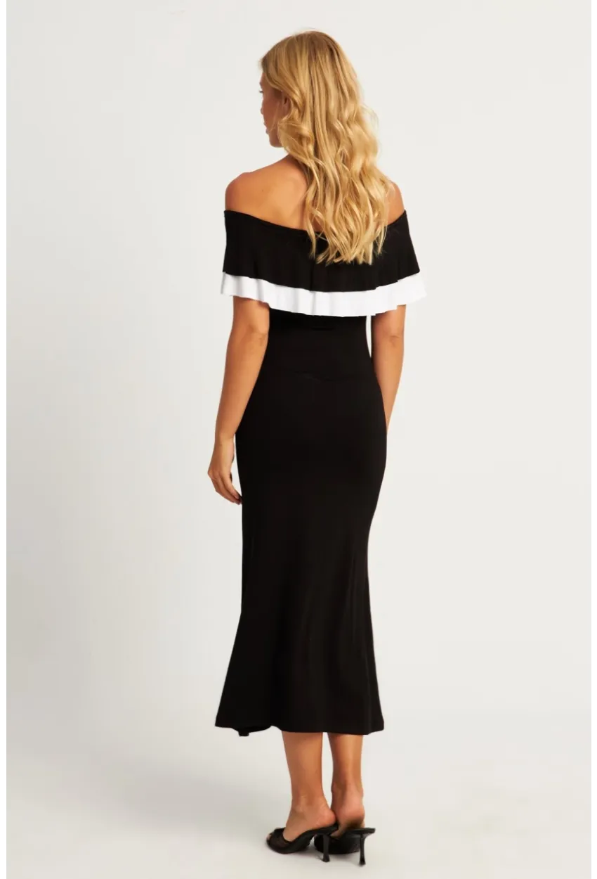 Kadın Siyah Madonna Yaka Midi Elbise EY2840