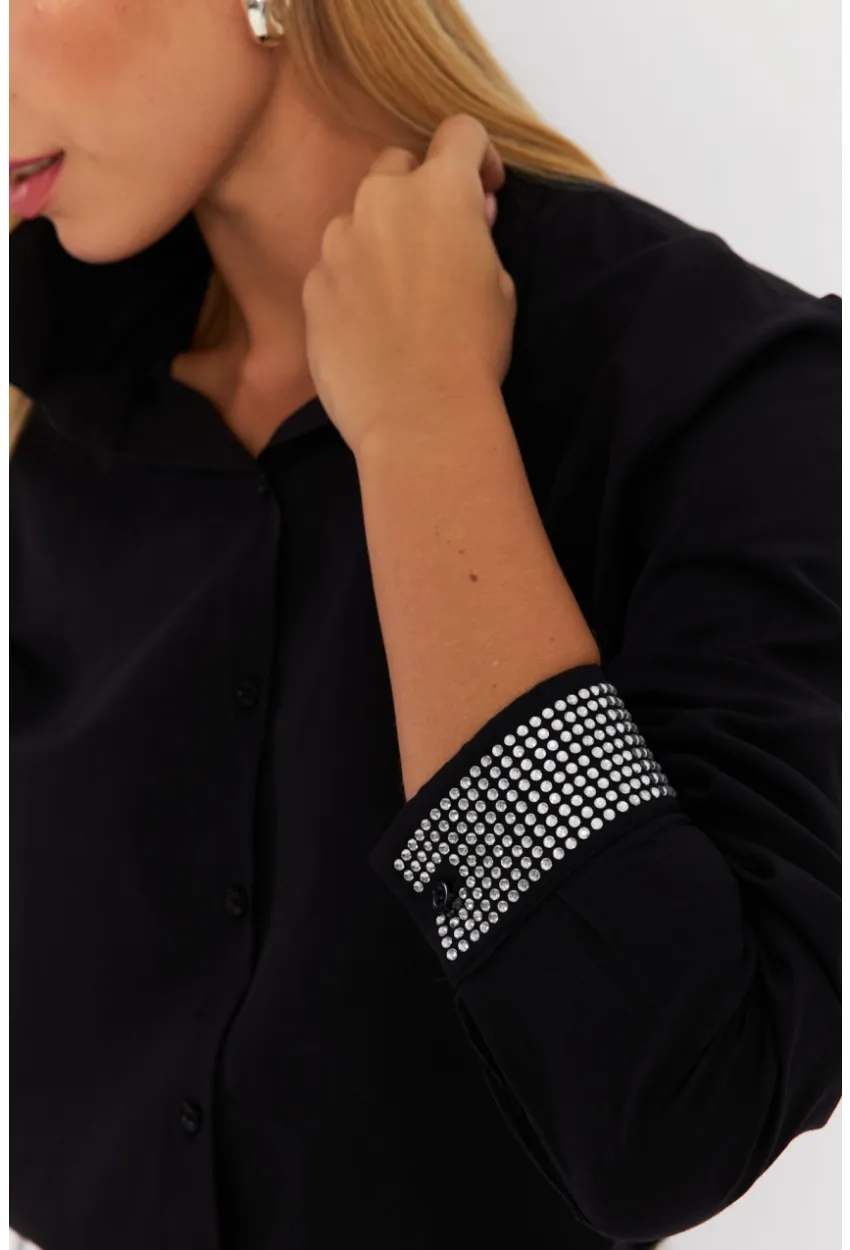 Kadın Siyah Manşeti Taşlı Gömlek MZER415