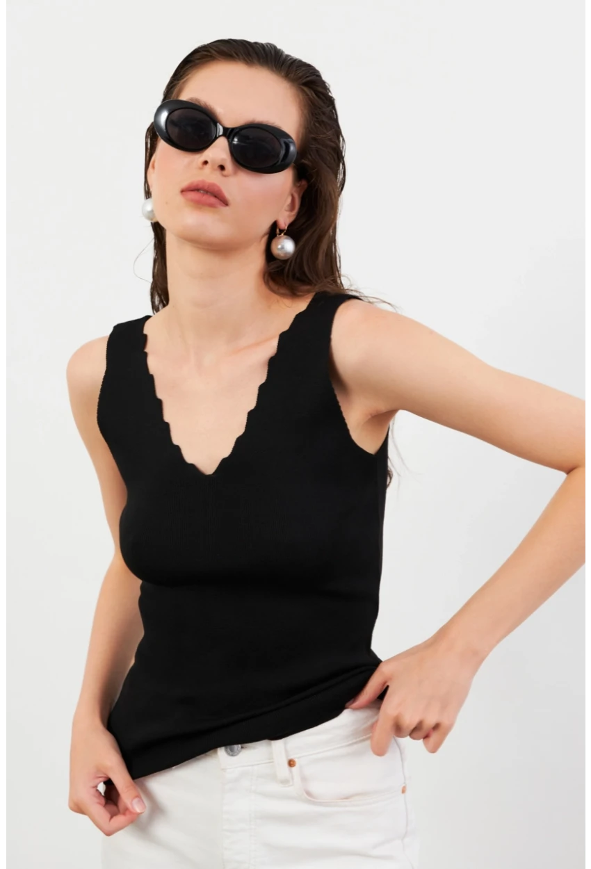 Kadın Siyah Merdiven Yaka Triko Bluz YV83
