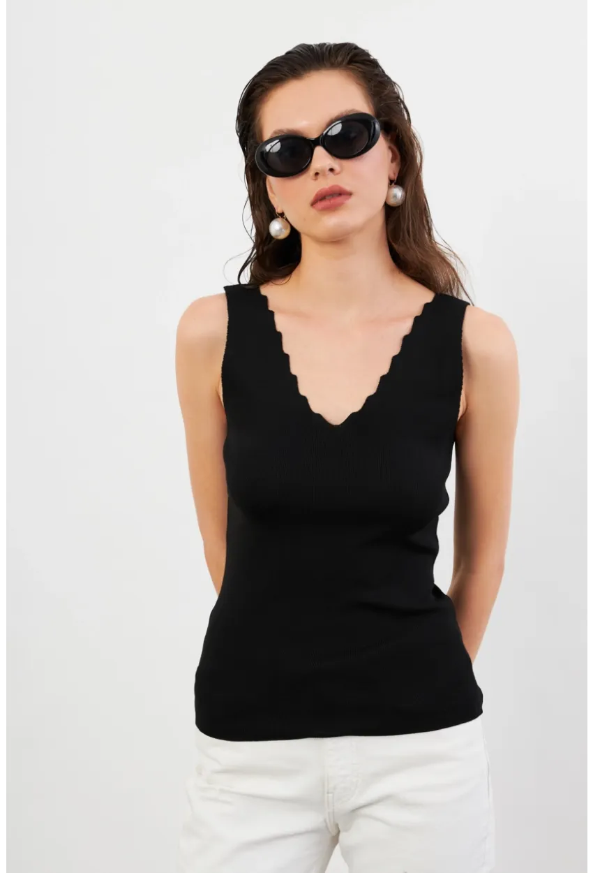 Kadın Siyah Merdiven Yaka Triko Bluz YV83