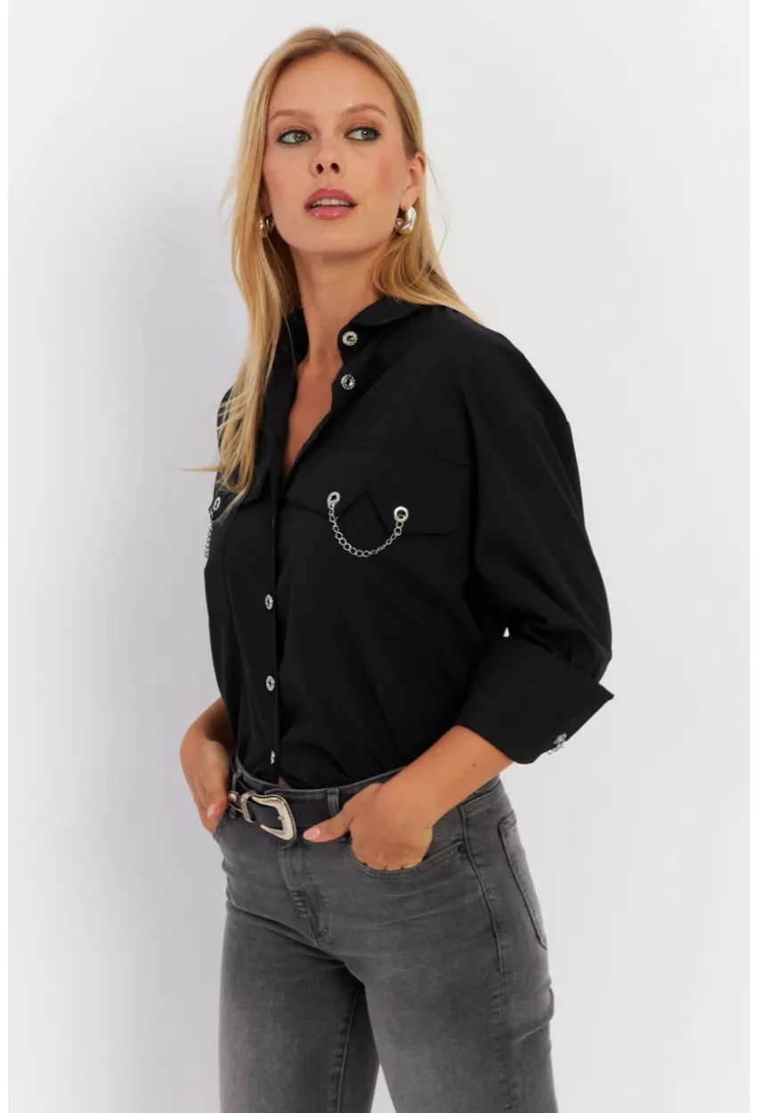 Kadın Siyah Metal Detaylı Gömlek ASF13