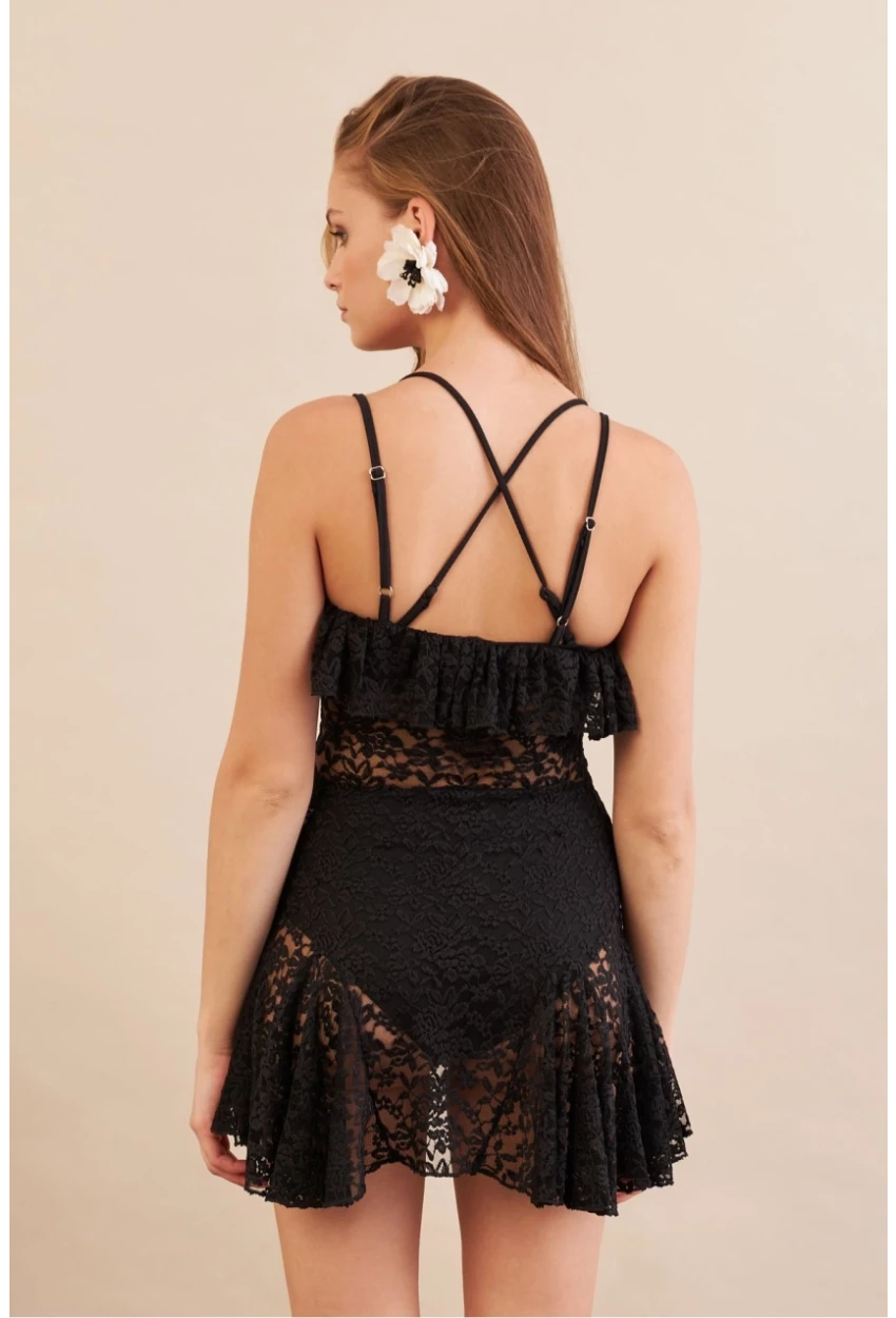 Kadın Siyah Mini Dantel Plaj Elbisesi DCF066