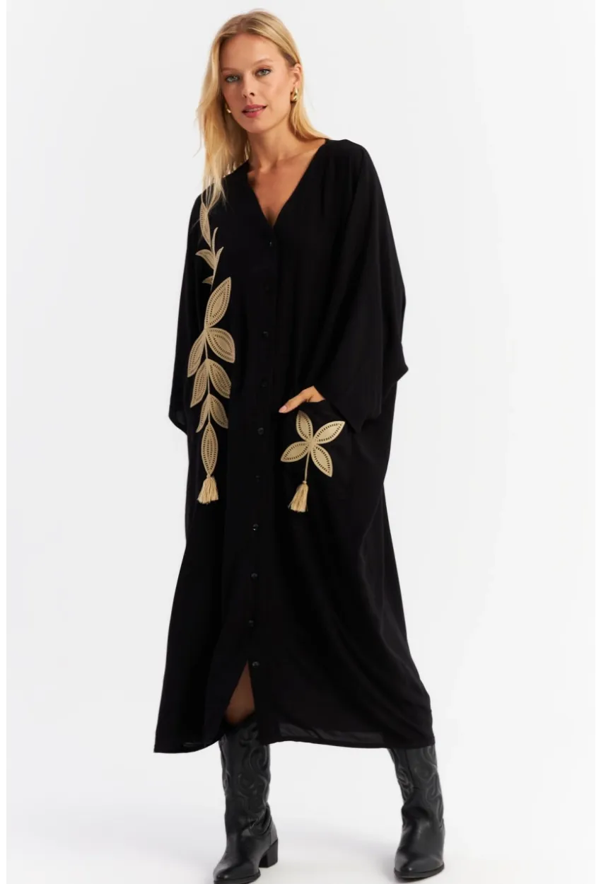 Kadın Siyah Nakışlı Cepli Maxi Elbise ALO13