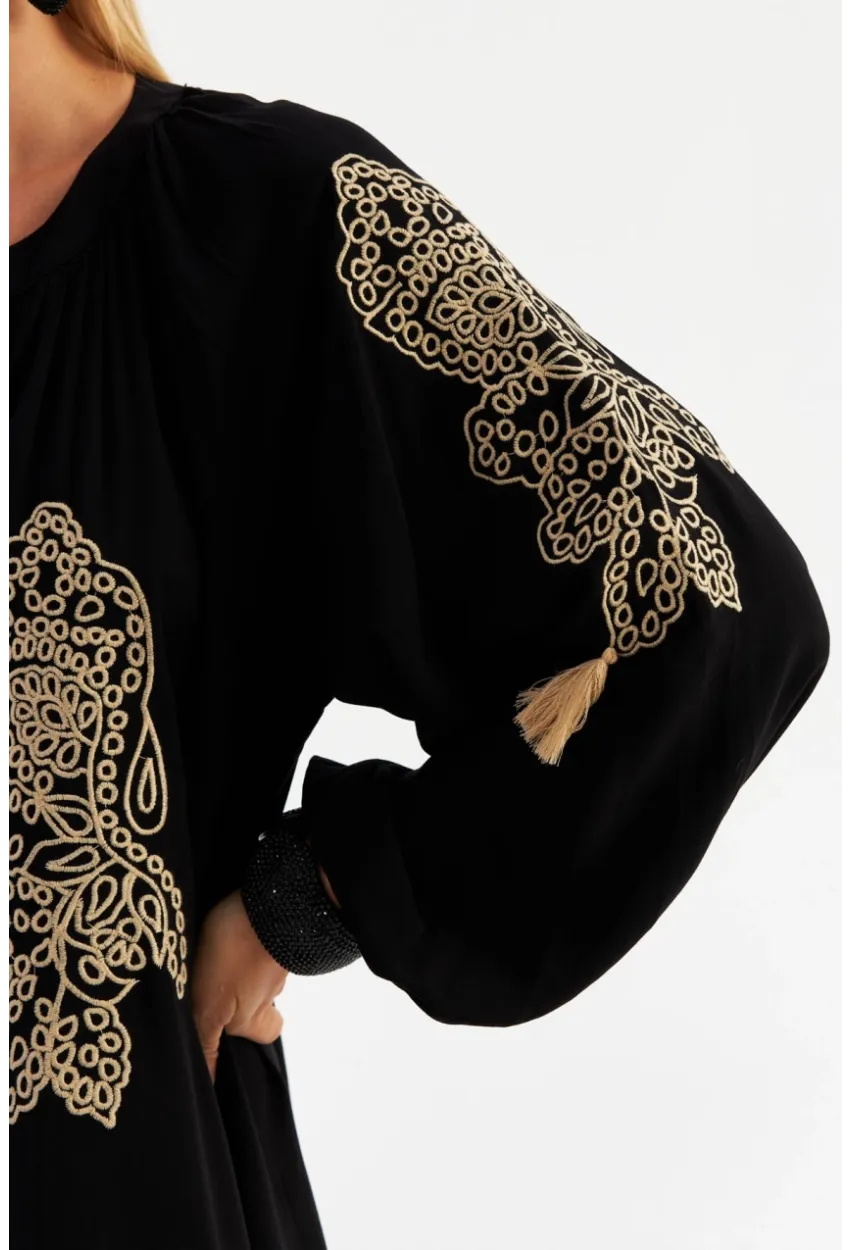 Kadın Siyah Nakışlı Volanlı Maxi Elbise MALO7