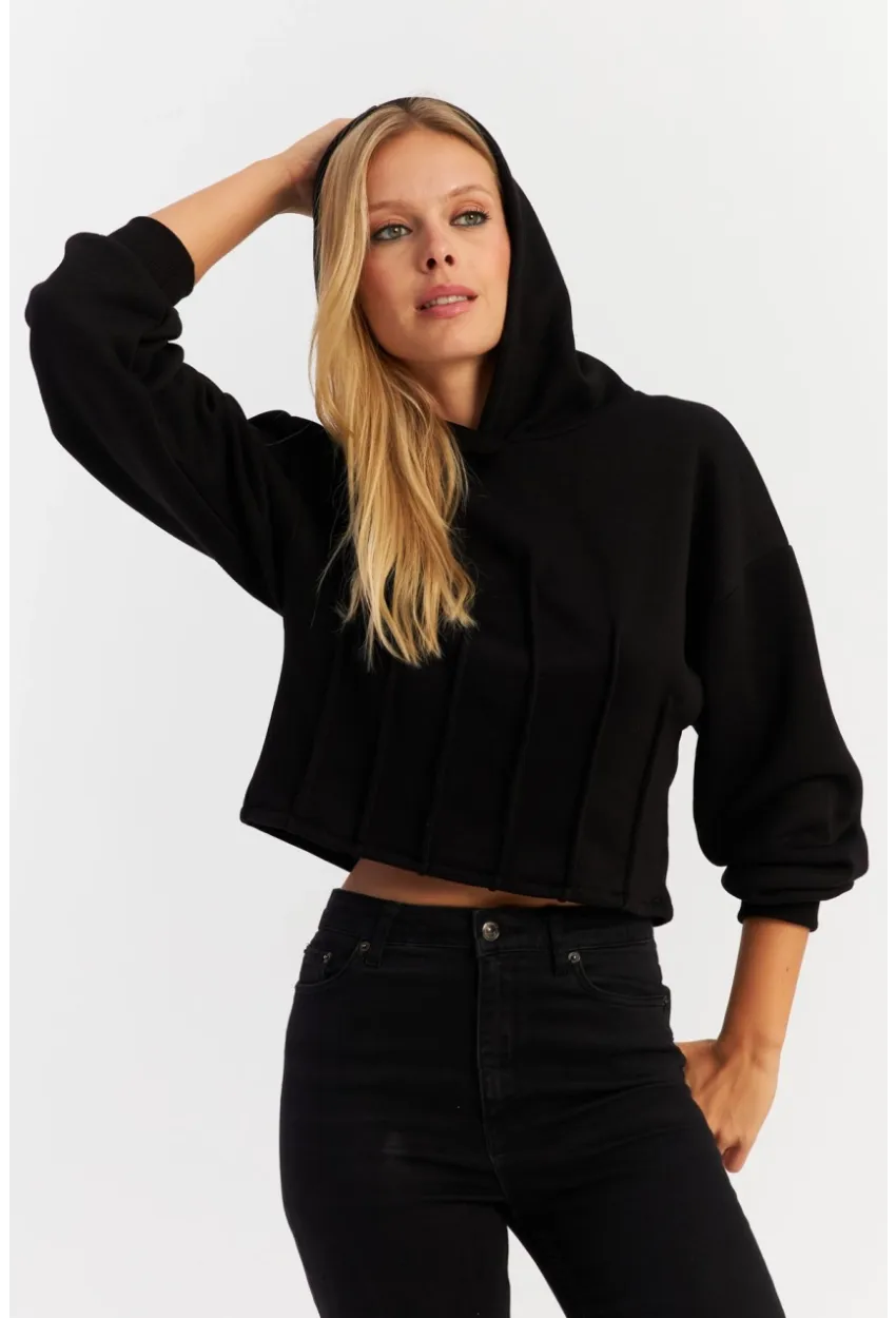 Kadın Siyah Nervüllü Üç İplik Sweatshirt TF13