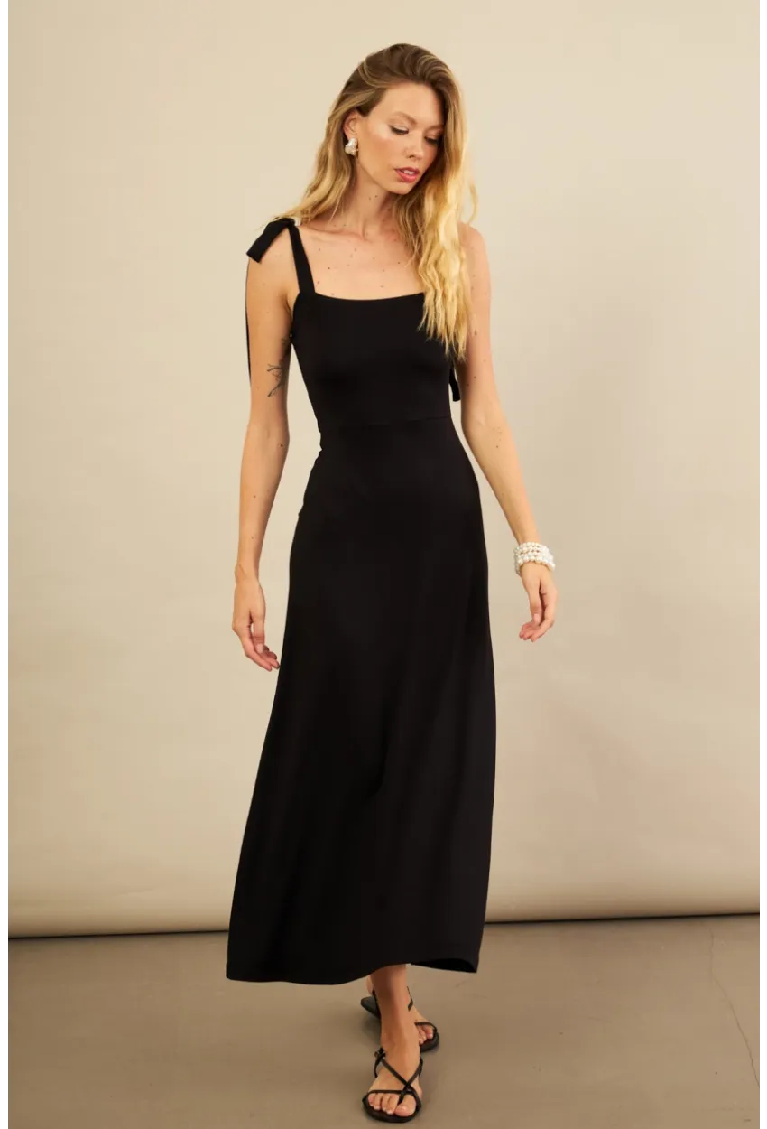 Kadın Siyah Omuz Fiyonklu Midi Elbise EY3119