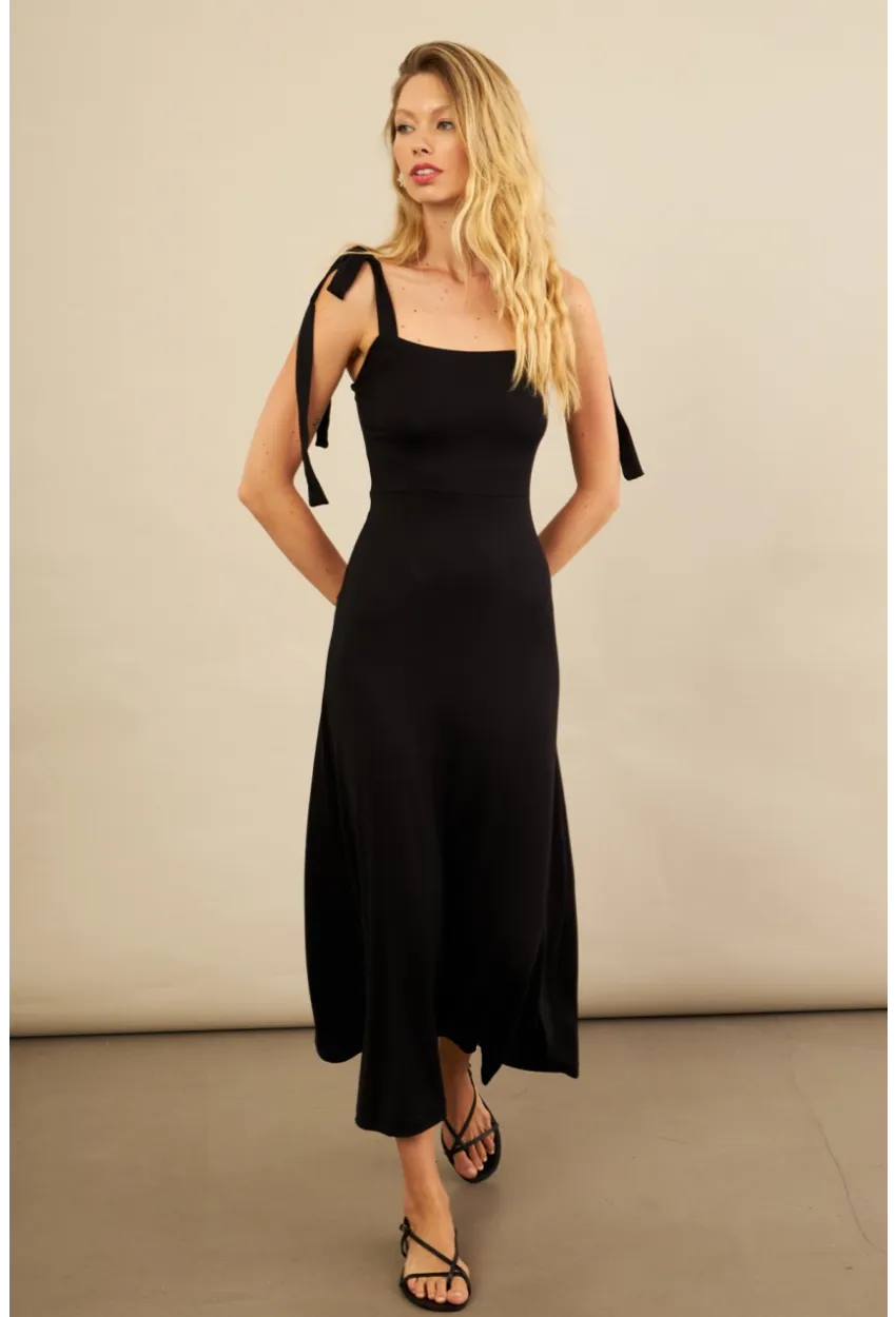 Kadın Siyah Omuz Fiyonklu Midi Elbise EY3119