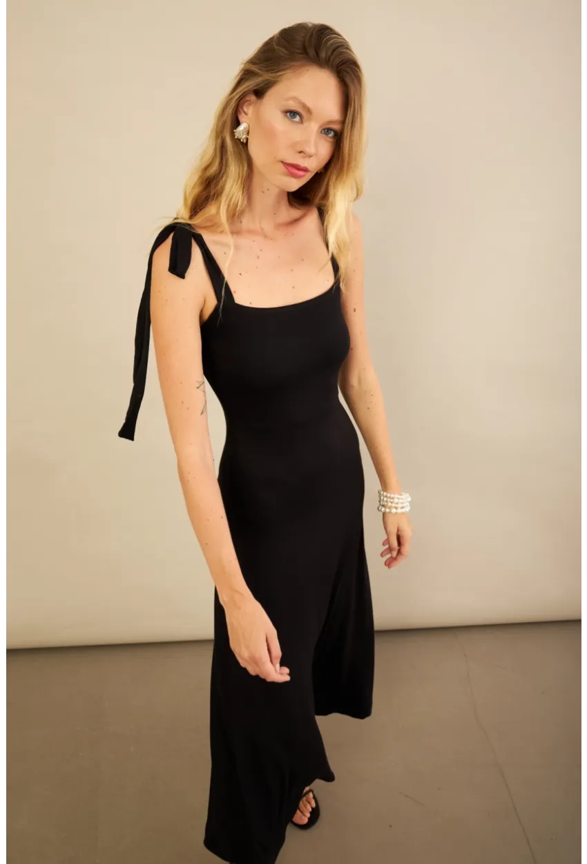 Kadın Siyah Omuz Fiyonklu Midi Elbise EY3119