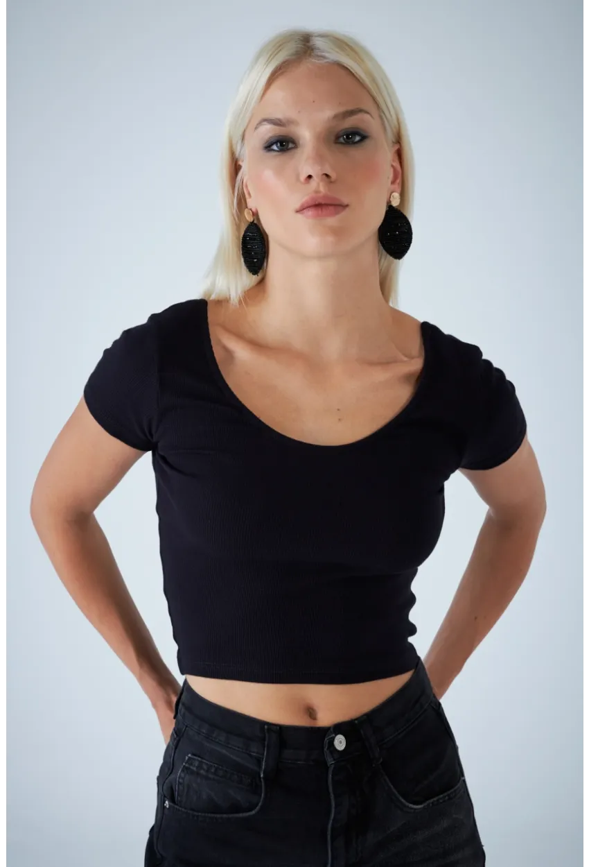 Kadın Siyah Ön Arka U Bluz EV57