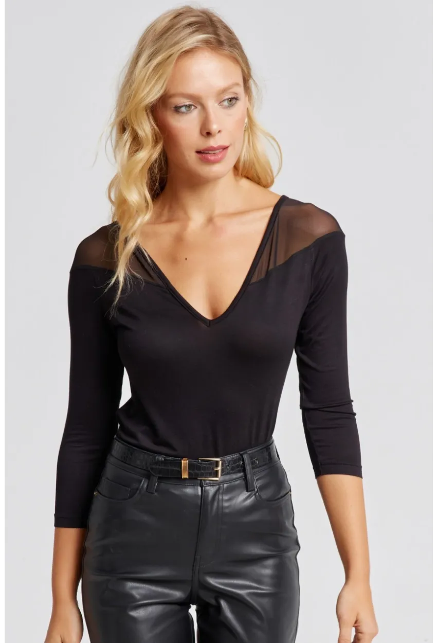 Kadın Siyah Ön Arka V Tül Detaylı Bluz Yİ2502