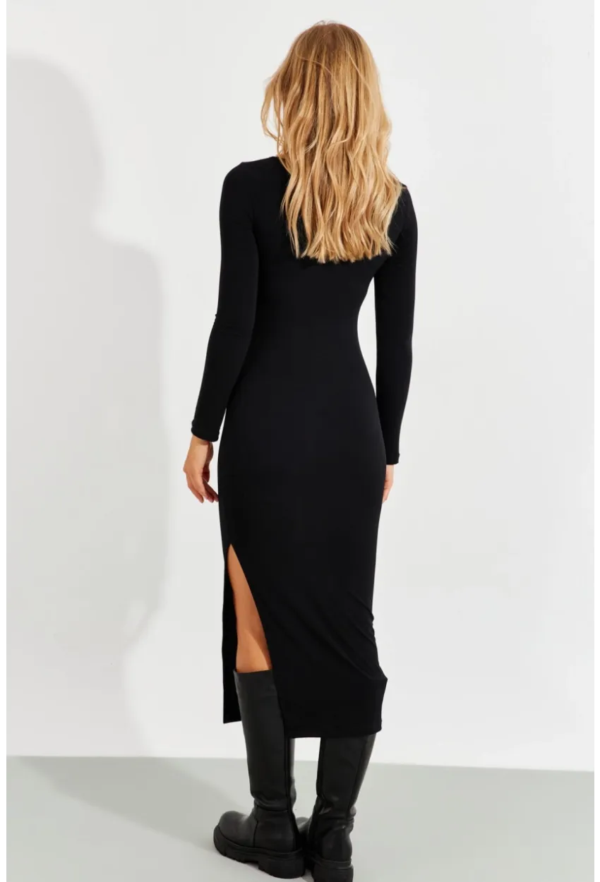 Kadın Siyah Önü Açık Yırtmaçlı Midi Elbise B225