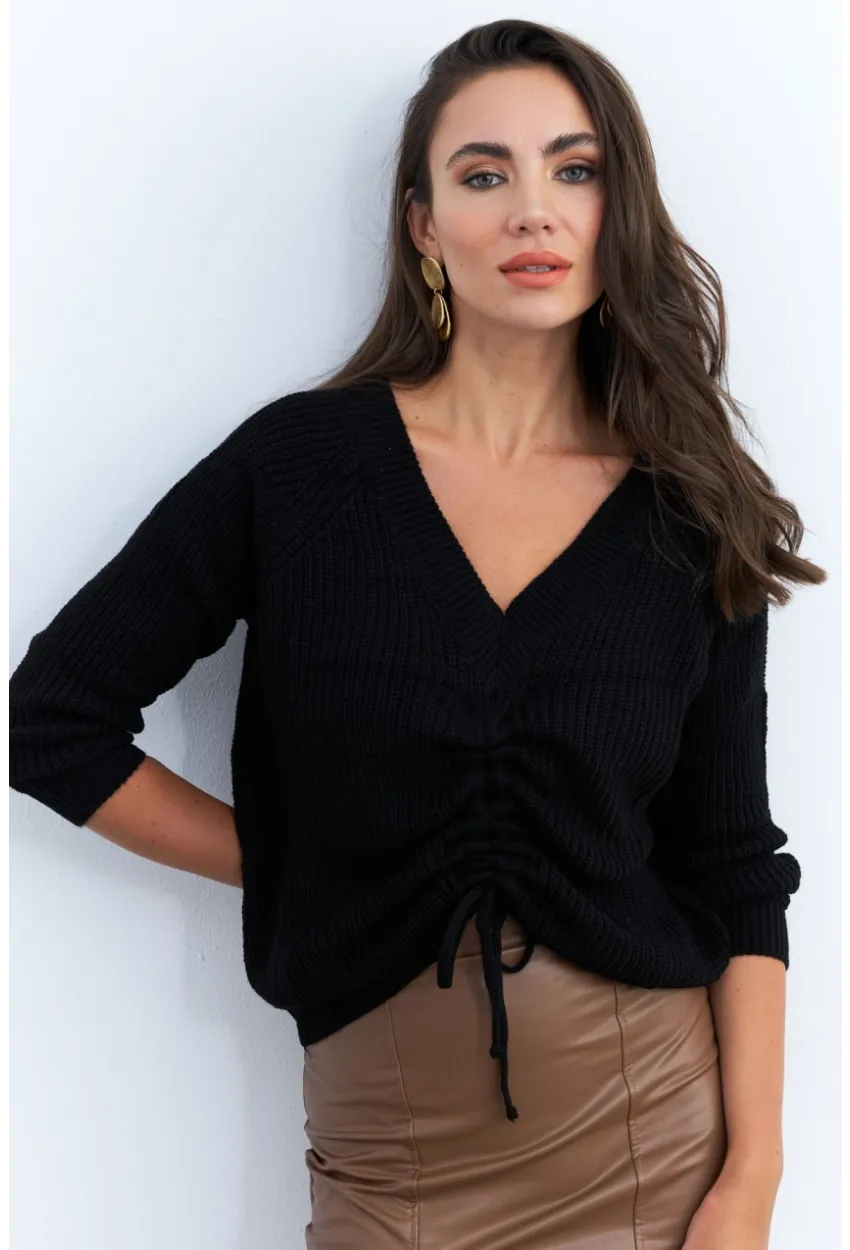 Kadın Siyah Önü Arka V Önü Büzgülü Kazak KAZ29