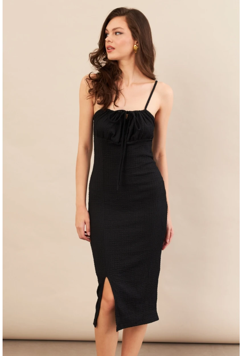 Kadın Siyah Önü Bağlamalı Rustik Midi Elbise FRO2001