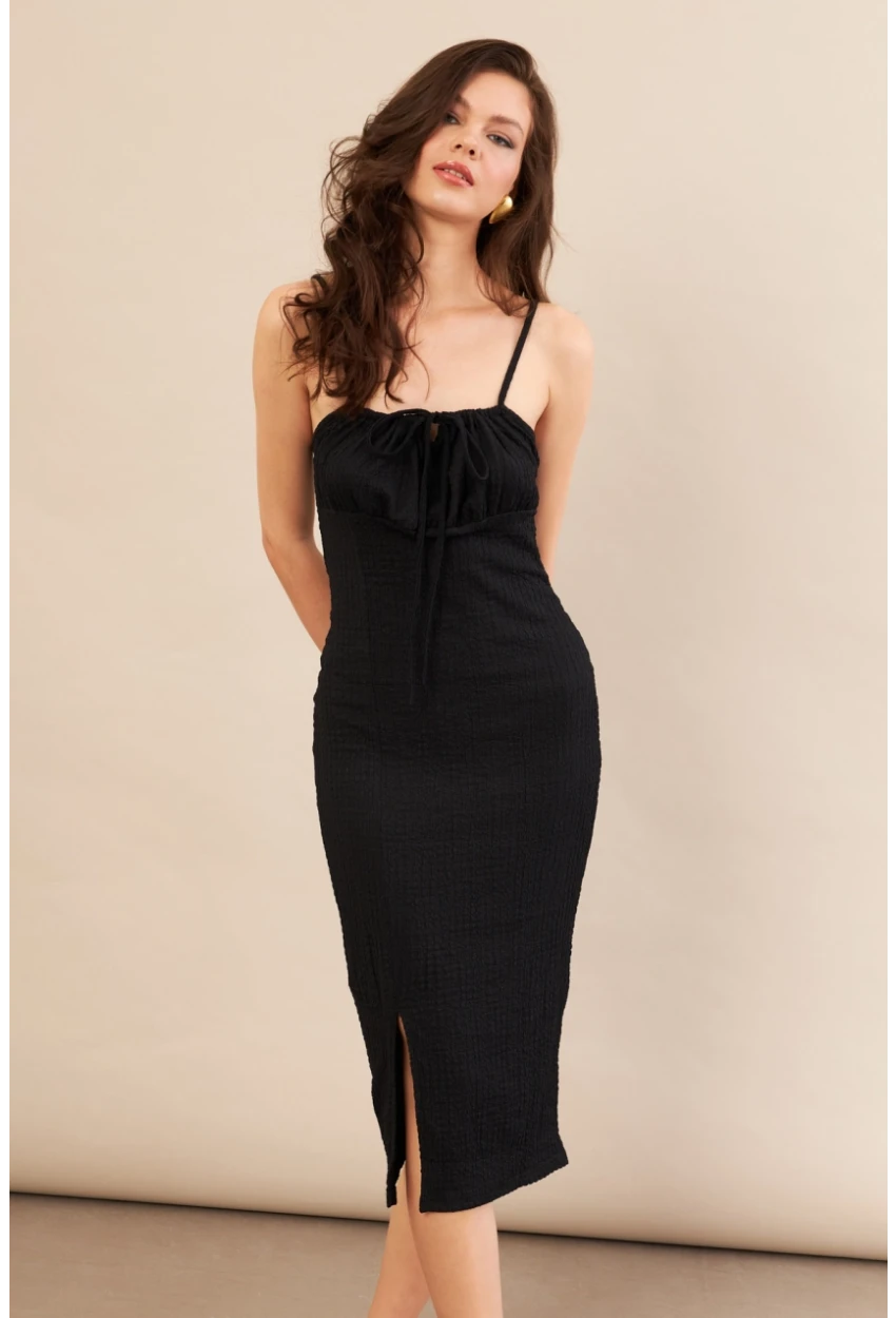 Kadın Siyah Önü Bağlamalı Rustik Midi Elbise FRO2001