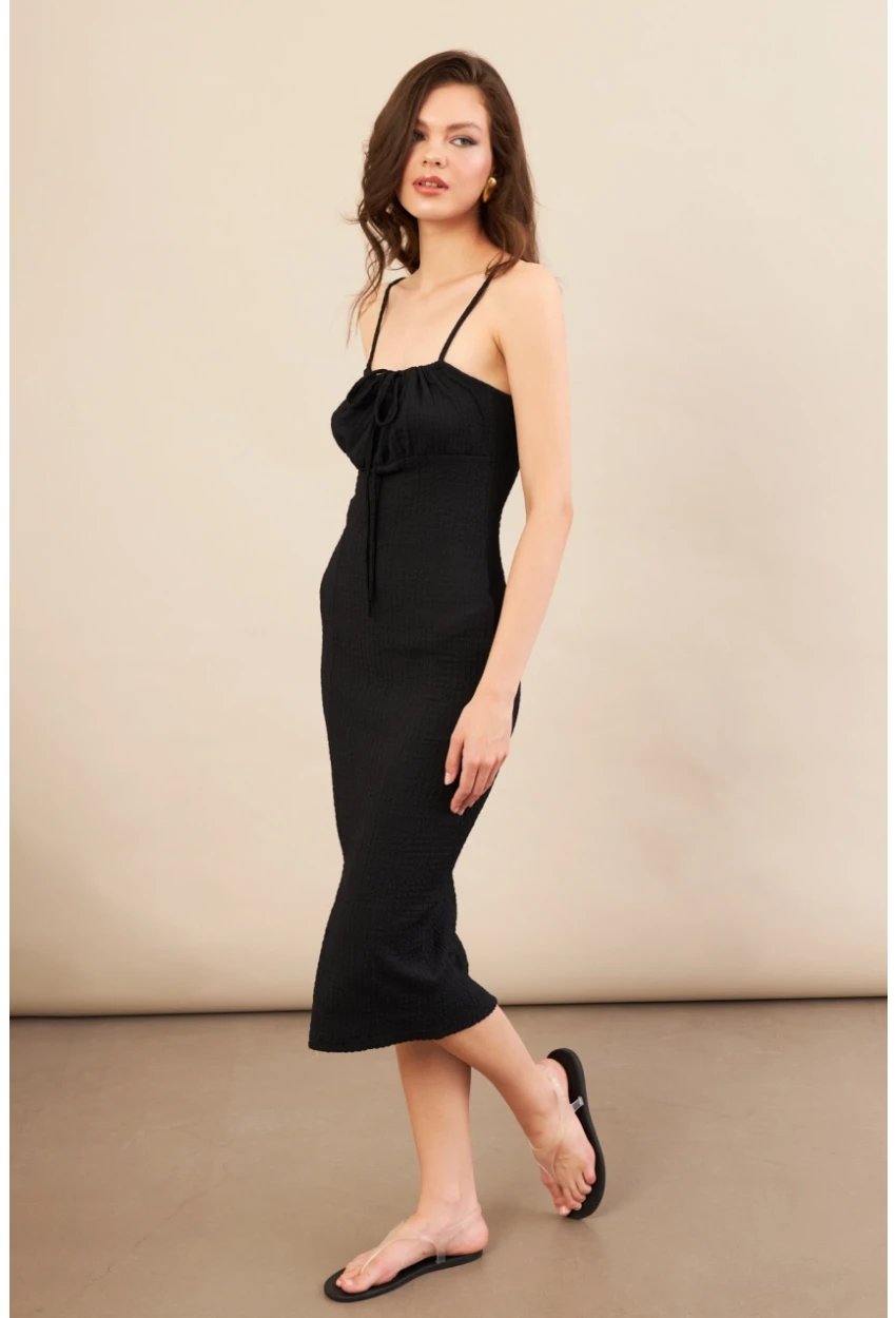 Kadın Siyah Önü Bağlamalı Rustik Midi Elbise FRO2001