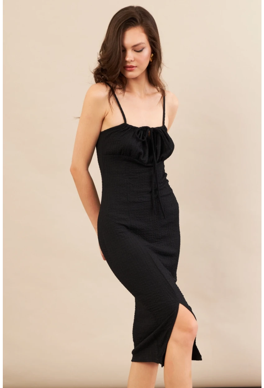 Kadın Siyah Önü Bağlamalı Rustik Midi Elbise FRO2001