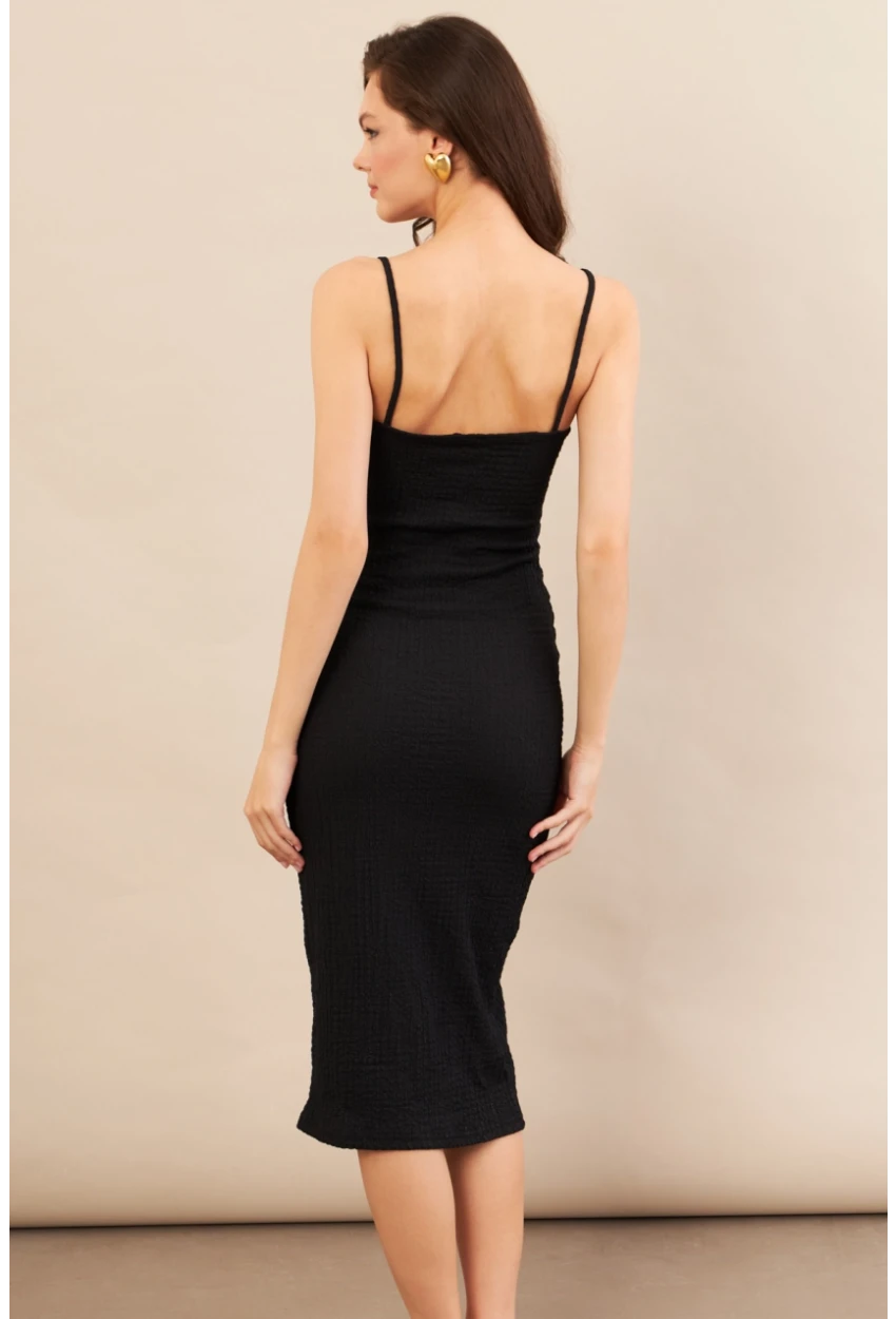 Kadın Siyah Önü Bağlamalı Rustik Midi Elbise FRO2001