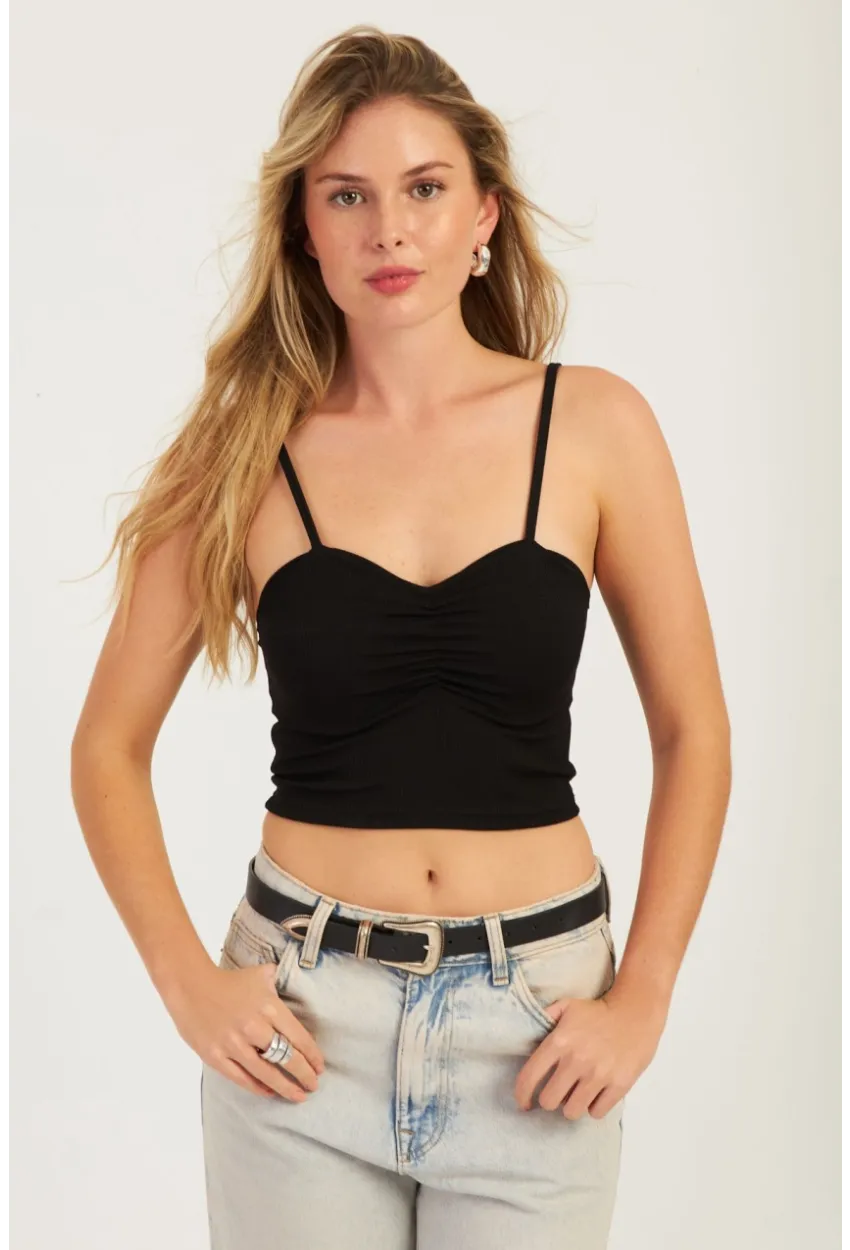 Kadın Siyah Önü Büzgülü Crop Bluz CG339