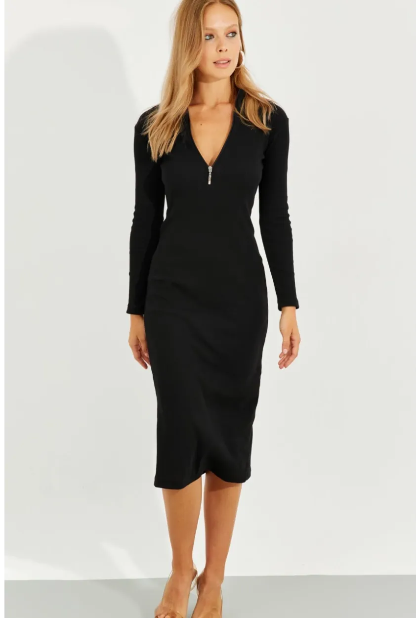 Kadın Siyah Önü Fermuarlı Kaşkorse Midi Elbise EY2547