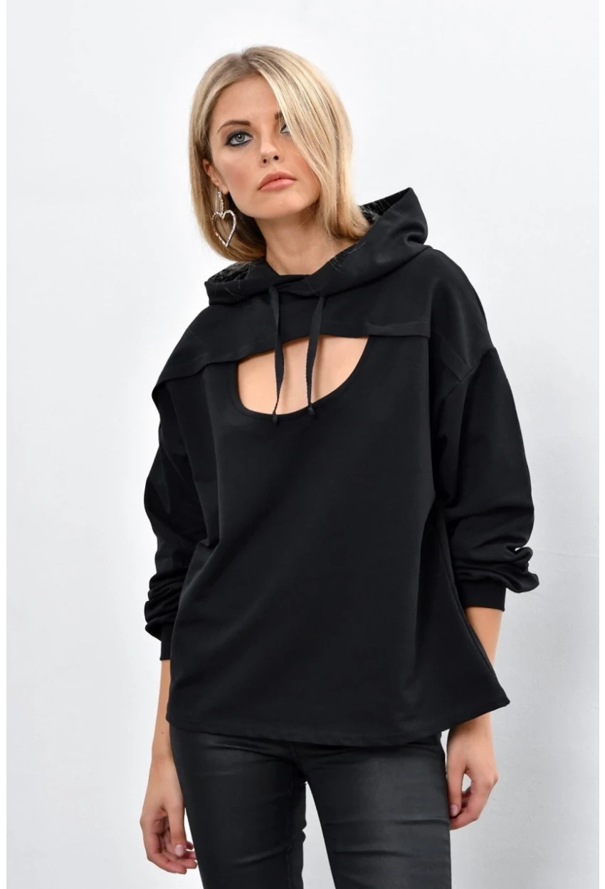 Kadın Siyah Önü Pencereli Kapüşonlu Sweatshirt Yİ1669