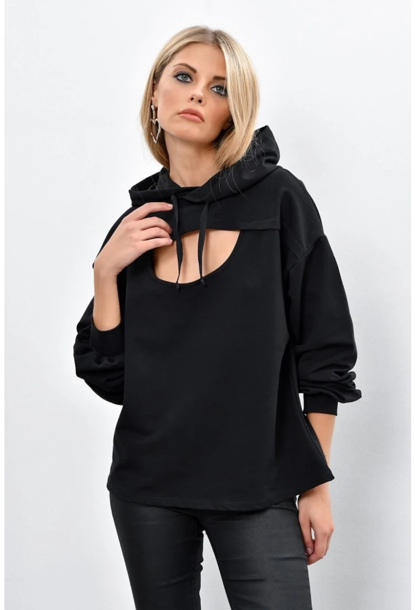 Kadın Siyah Önü Pencereli Kapüşonlu Sweatshirt Yİ1669