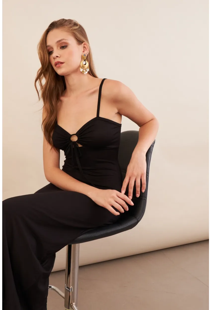 Kadın Siyah Önü Pencereli Midaxi Elbise EY3114