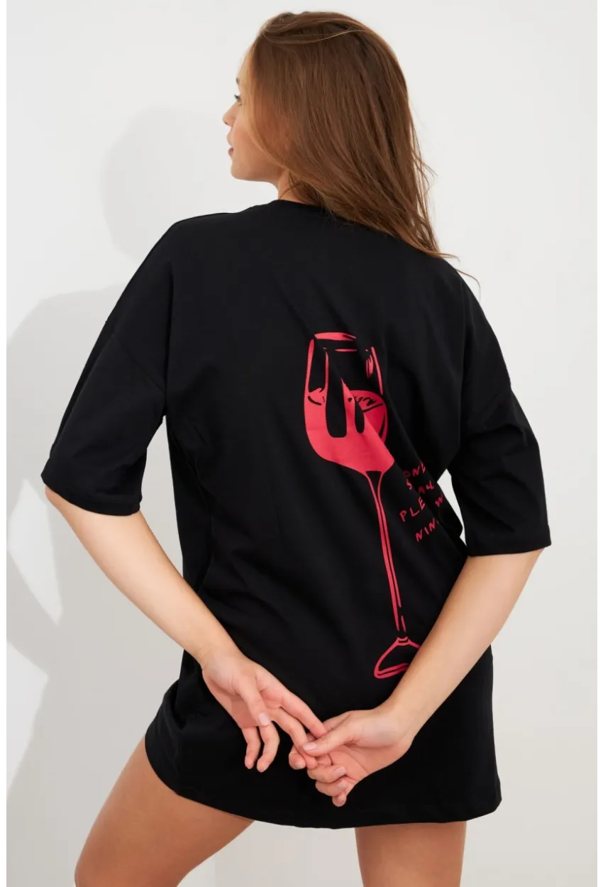 Kadın Siyah Oversize Pijama T-Shirt TPG14