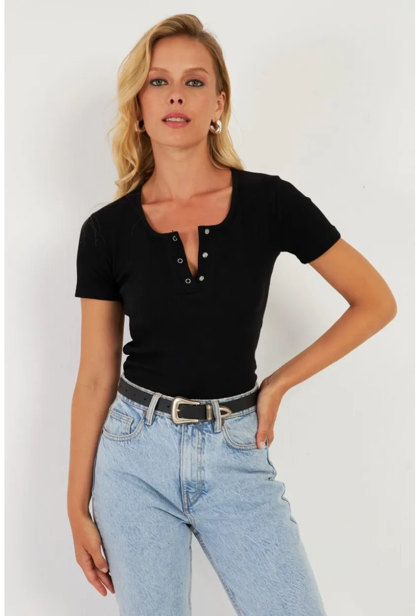 Kadın Siyah Patlı Kaşkorse Bluz XL2021