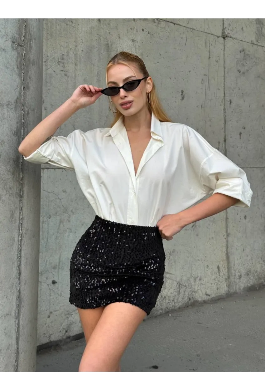 Kadın Siyah Payetli Şortlu Mini Etek