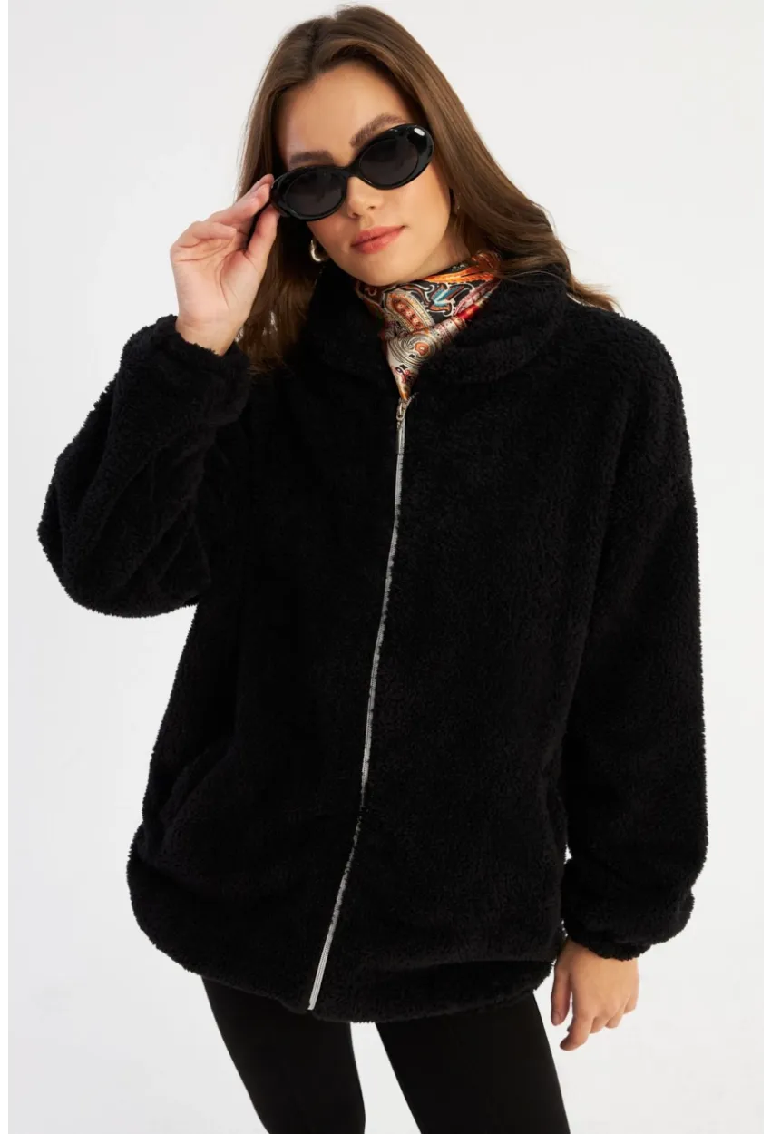 Kadın Siyah Peluş Mont MLYT58