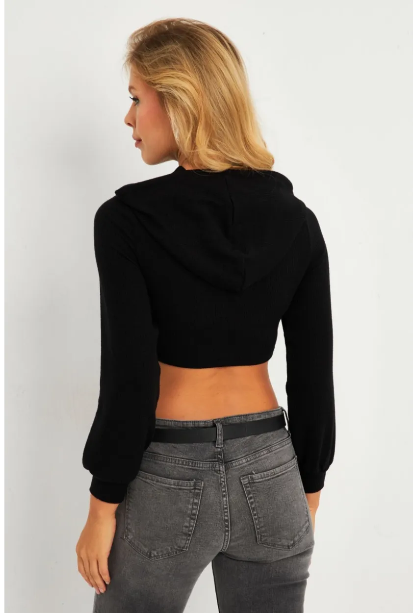 Kadın Siyah Pencereli Kapüşonlu Crop Bluz TF08