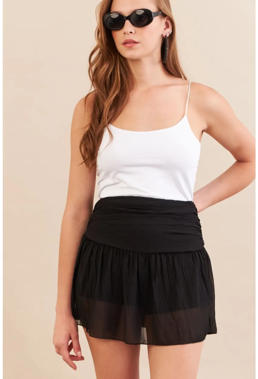 Kadın Siyah Pileli Tül Şort Etek ZH092