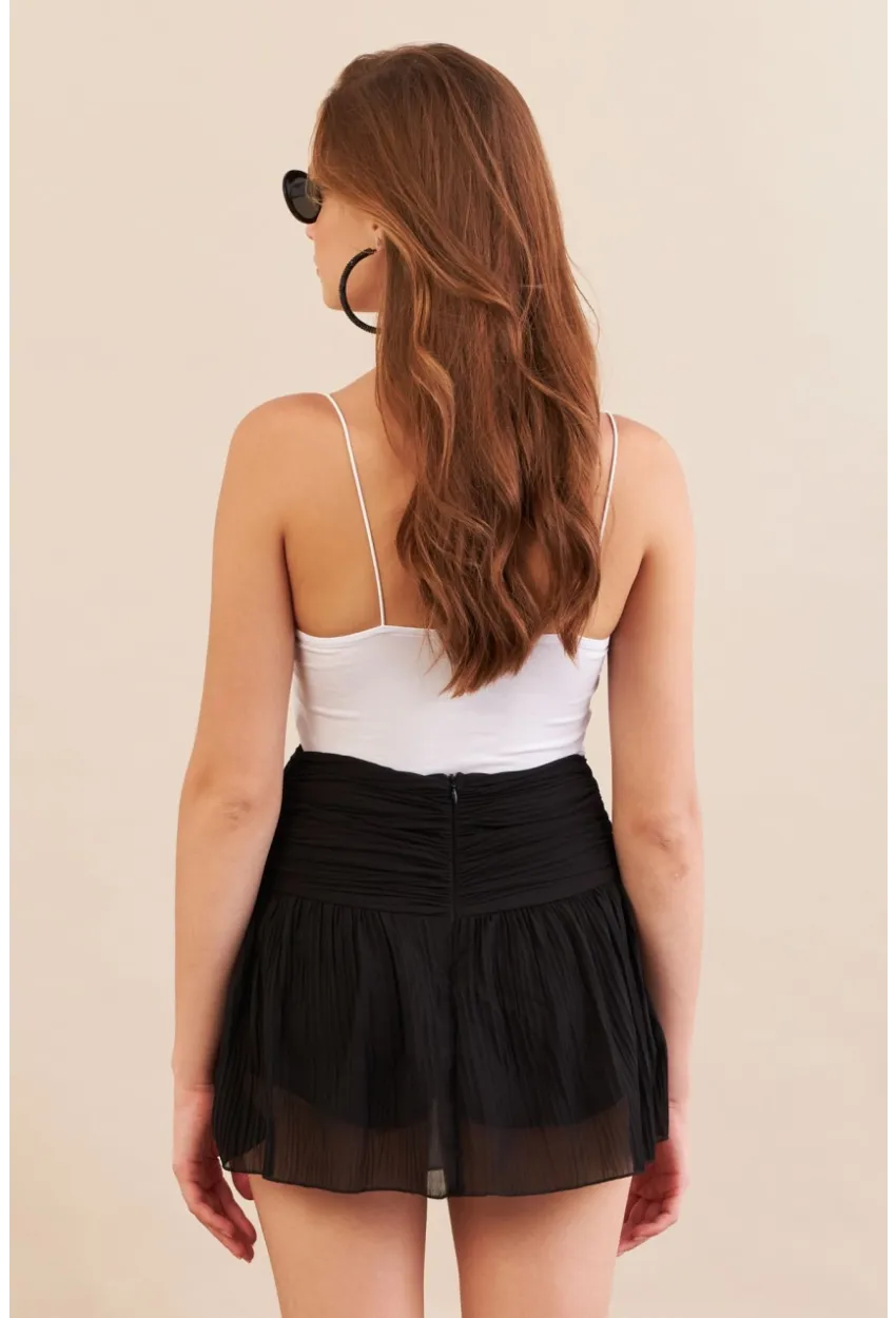 Kadın Siyah Pileli Tül Şort Etek ZH092