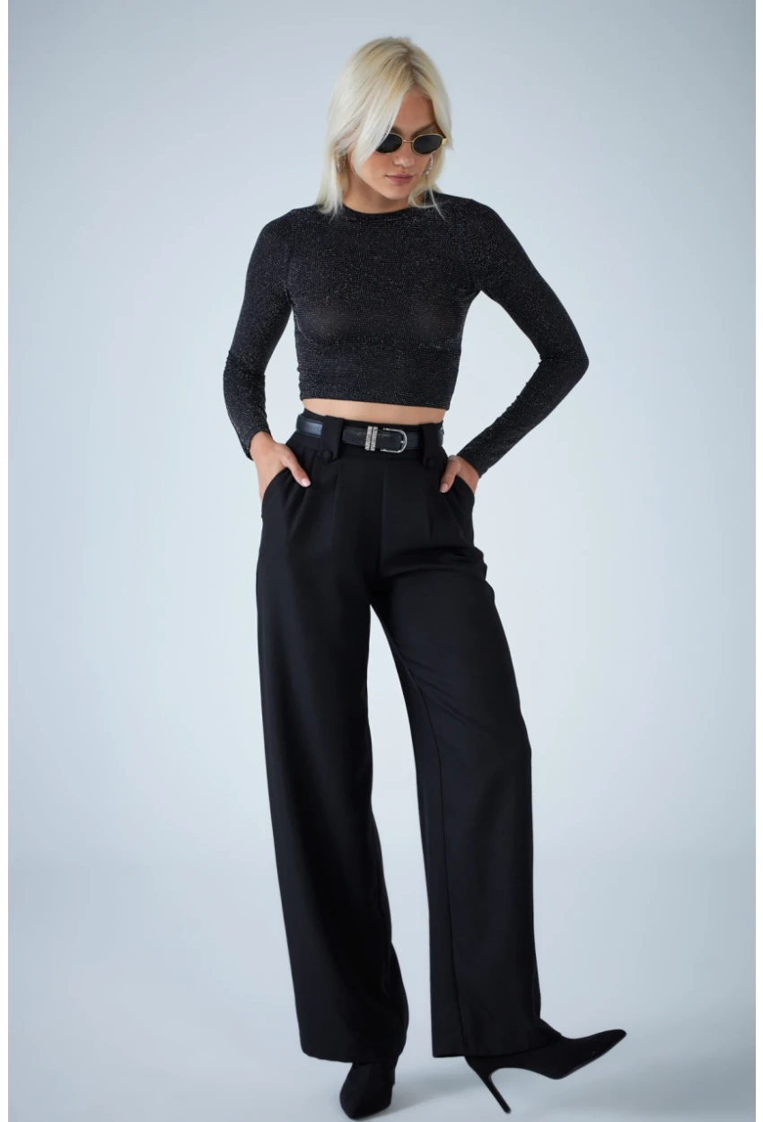 Kadın Siyah Plili Geniş Paça Pantolon DER3008