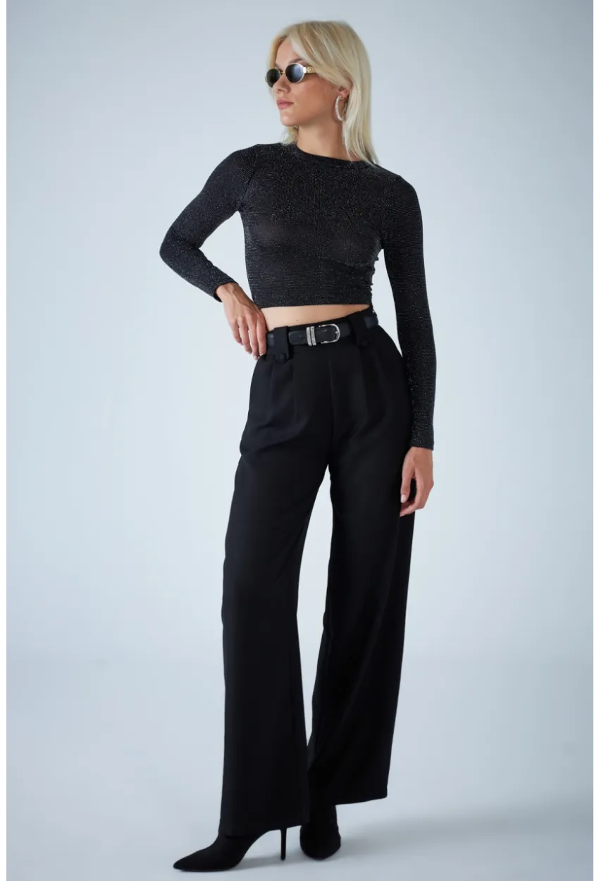 Kadın Siyah Plili Geniş Paça Pantolon DER3008