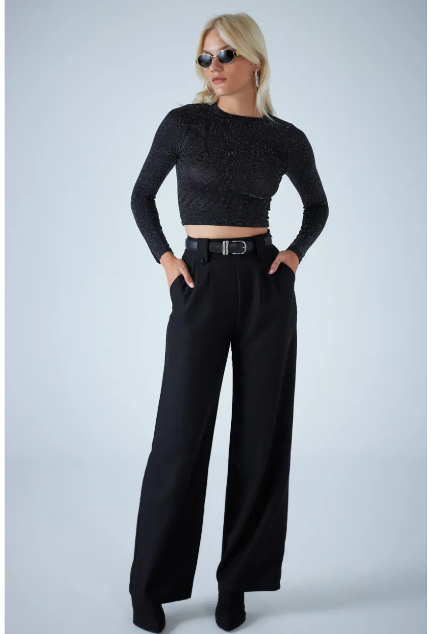 Kadın Siyah Plili Geniş Paça Pantolon DER3008