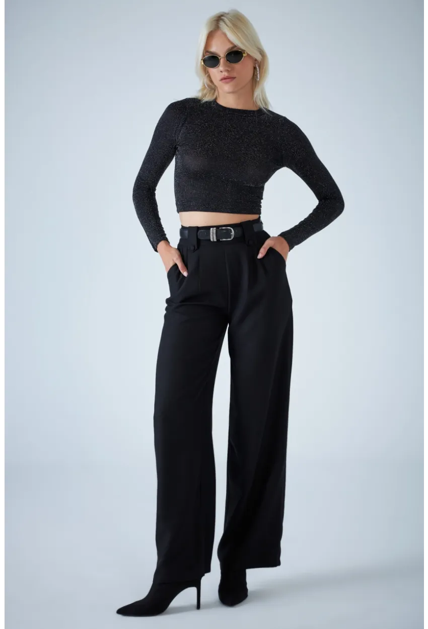 Kadın Siyah Plili Geniş Paça Pantolon DER3008