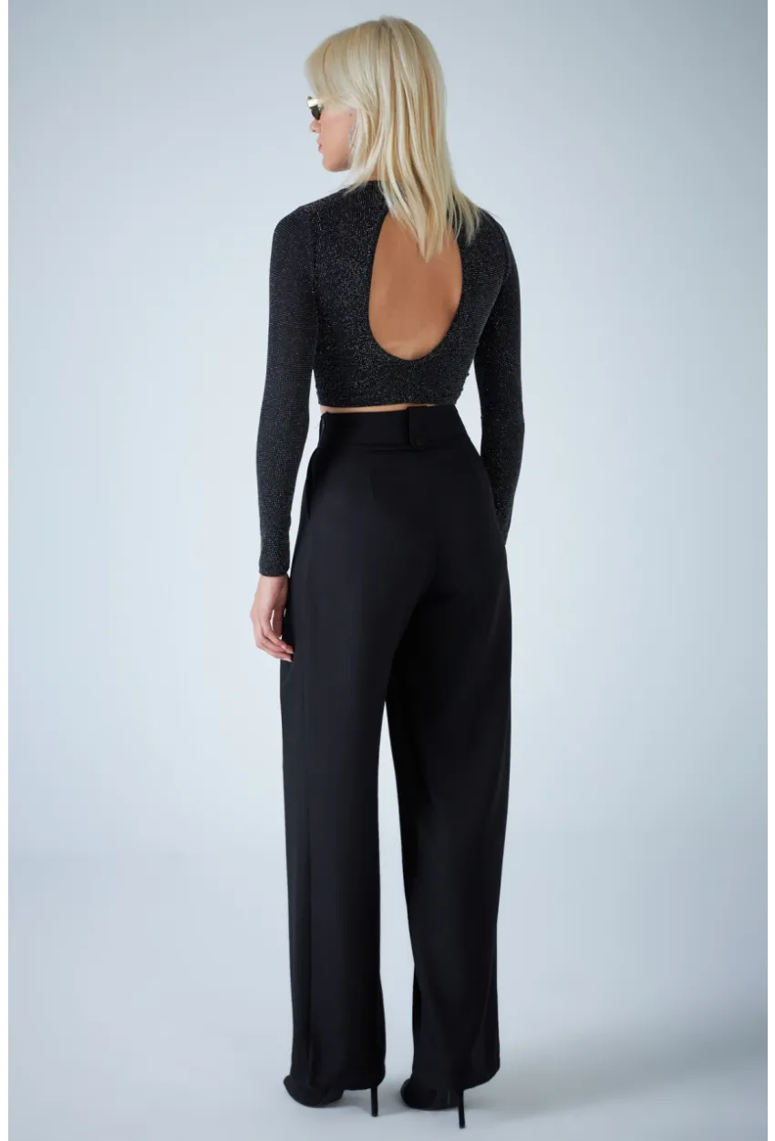 Kadın Siyah Plili Geniş Paça Pantolon DER3008