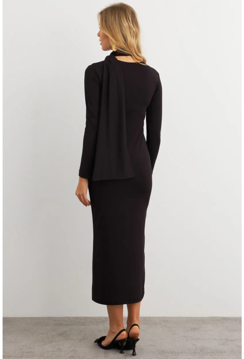 Kadın Siyah Şal Detaylı Midi Elbise MEY3010