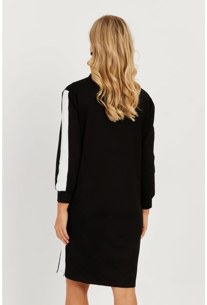 Kadın Siyah Şeritli Fermuarlı Midi Elbise ST5024