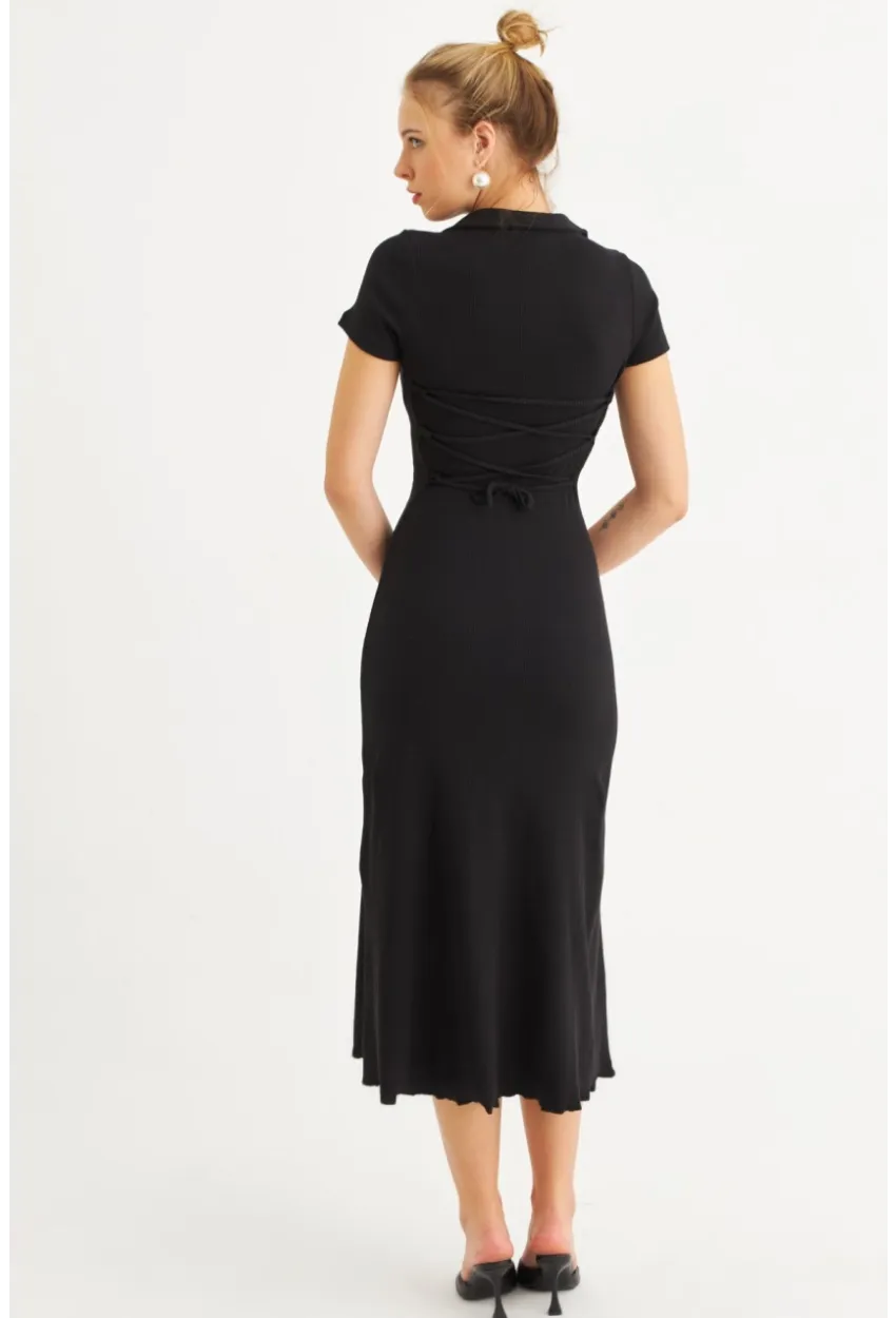 Kadın Siyah Sırt Bağlamalı Kaşkorse Midi Elbise MFRY0001