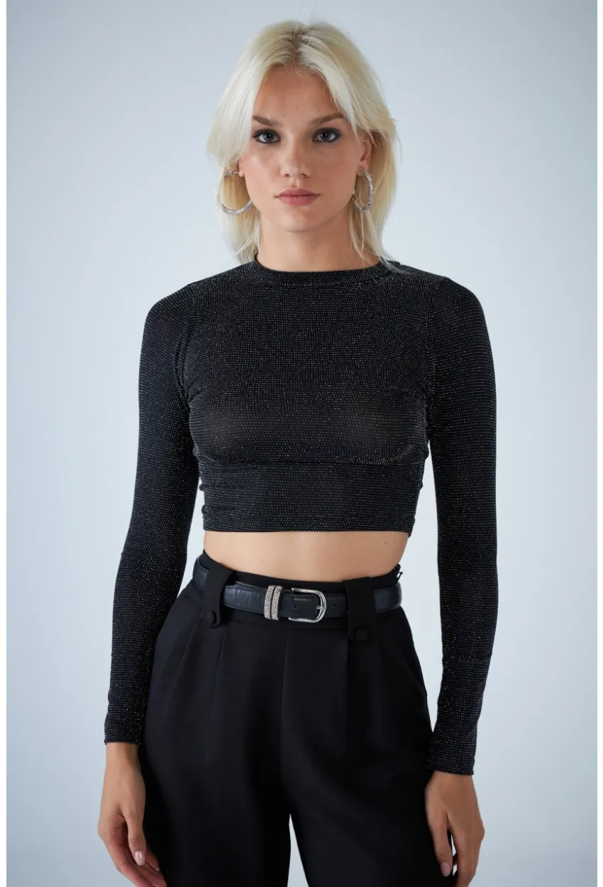 Kadın Siyah Sırt Dekolteli Parlak Bluz ELT184